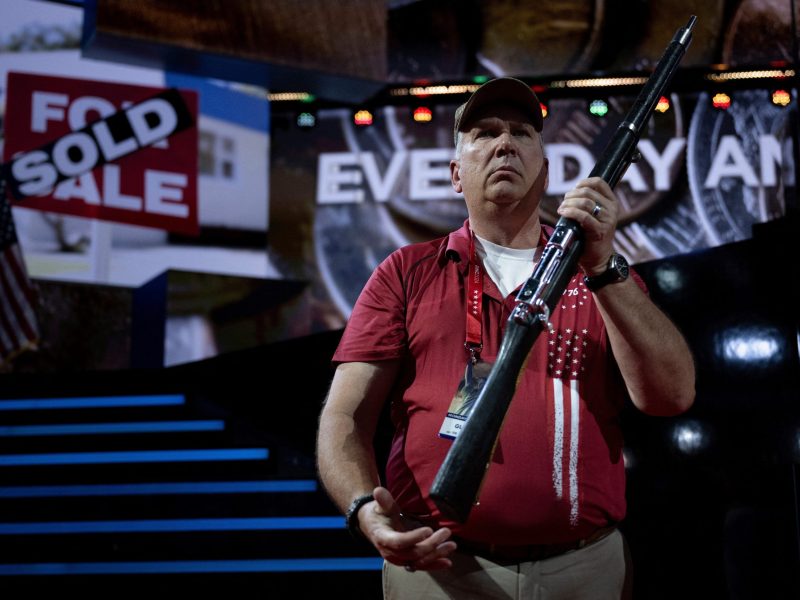 A color guard practice before the 2024 Republican National Convention at the Fiserv Forum on July 14, 2024 in Milwaukee, Wisconsin. Photo by BRENDAN SMIALOWSKI/AFP via Getty Images