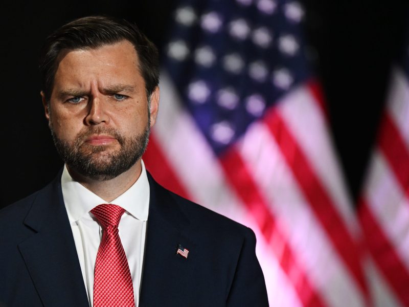 Republican Vice Presidential candidate Sen. JD Vance (R-OH) listens to a speaker during a campaign rally at 2300 Arena on August 6, 2024 in Philadelphia, Pennsylvania. Photo by Drew Hallowell/Getty Images