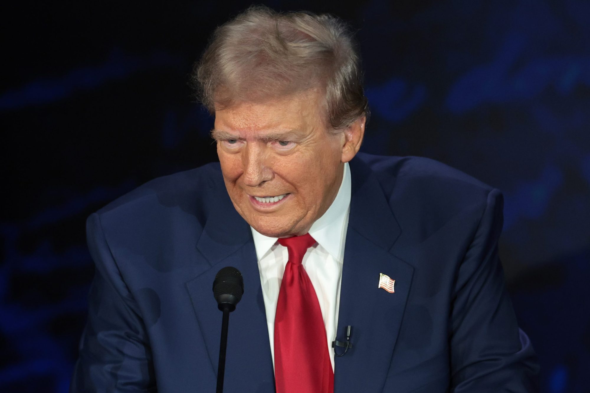 Republican presidential nominee, former U.S. President Donald Trump, debates Democratic presidential nominee, Vice President Kamala Harris, for the first time during the presidential election campaign at The National Constitution Center on Sept. 10, 2024, in Philadelphia, Pennsylvania.
